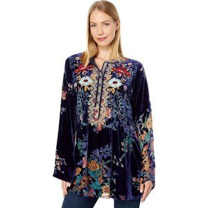 Johnny Was Bouquet Burnout Nephele Tunic Embroidered Floral Top Shirt Blue NEW